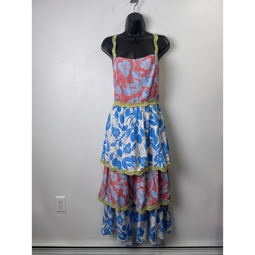 Farm Rio Linen Blend Tiered Ric Rac Maxi Dress Tropical Floral Vacation Medium